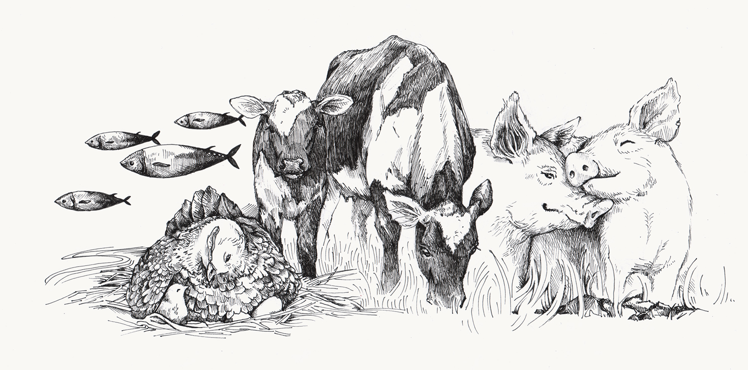 Illustration av fiskar, grisar, kor och hönor med kycklingar som verkar glada.